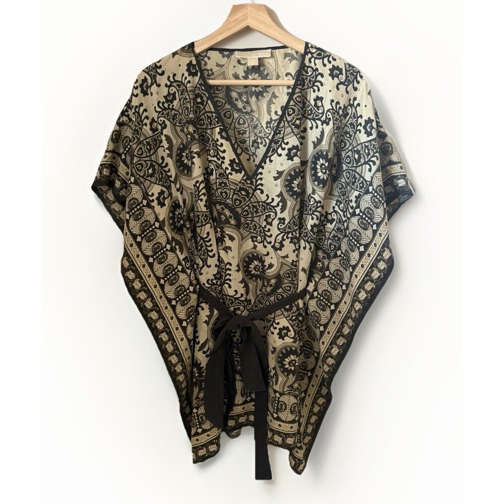 Michael Kors Top L/XL Black Beige Kimono Poncho Blouse Caftan Silk Resort Pool